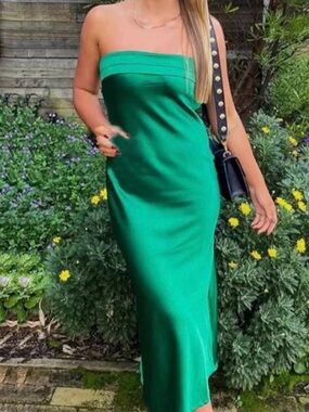 Strapless Green Satin Midi Dress